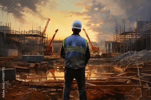 Back view of workers in construction site landscape