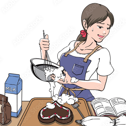 バレンタインデーのチョコを手作りするも失敗する若い女性