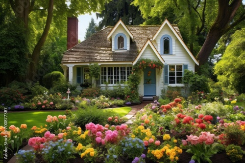 Charming cottage surrounded by a colorful and well-tended garden