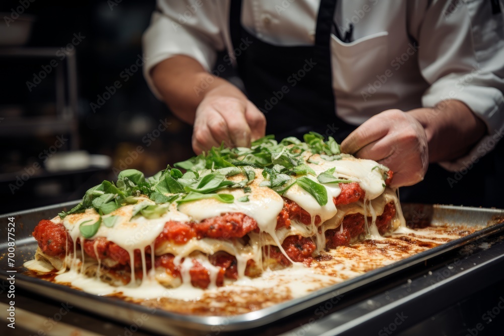 Close ups of chefs adding final touches to a perfectly baked parmigiana