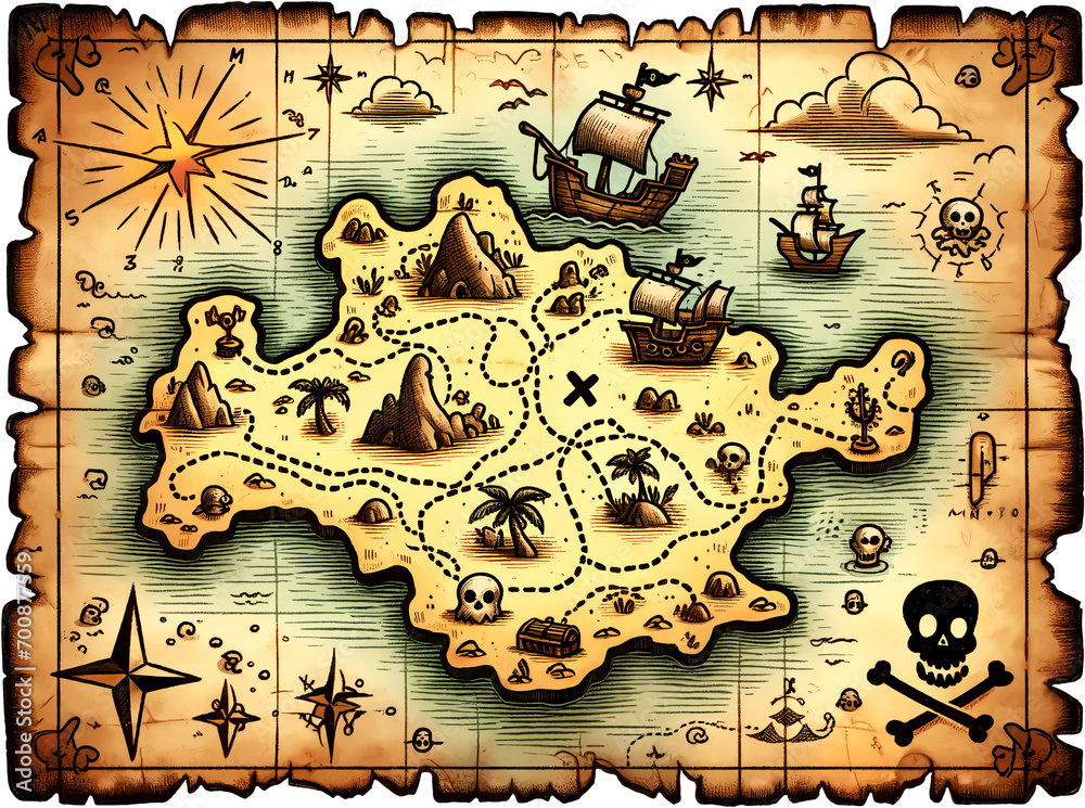 Naklejka premium Whimsical pirate map drawn on an old, burned, yellowish paper, isolated on transparent background