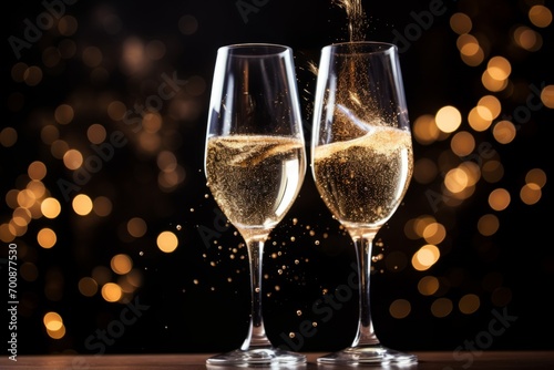Close ups of sparkling champagne glasses toasting to the upcoming year