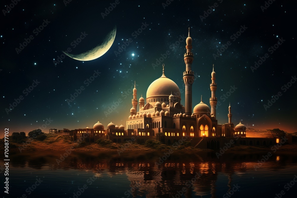Beautifully illuminated mosque with a crescent moon in the night sky