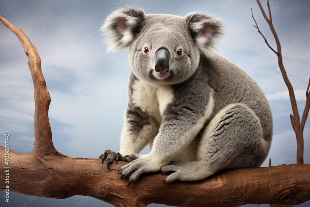 Naklejka premium Koala perched on a branch in a natural setting. Animal side portrait.