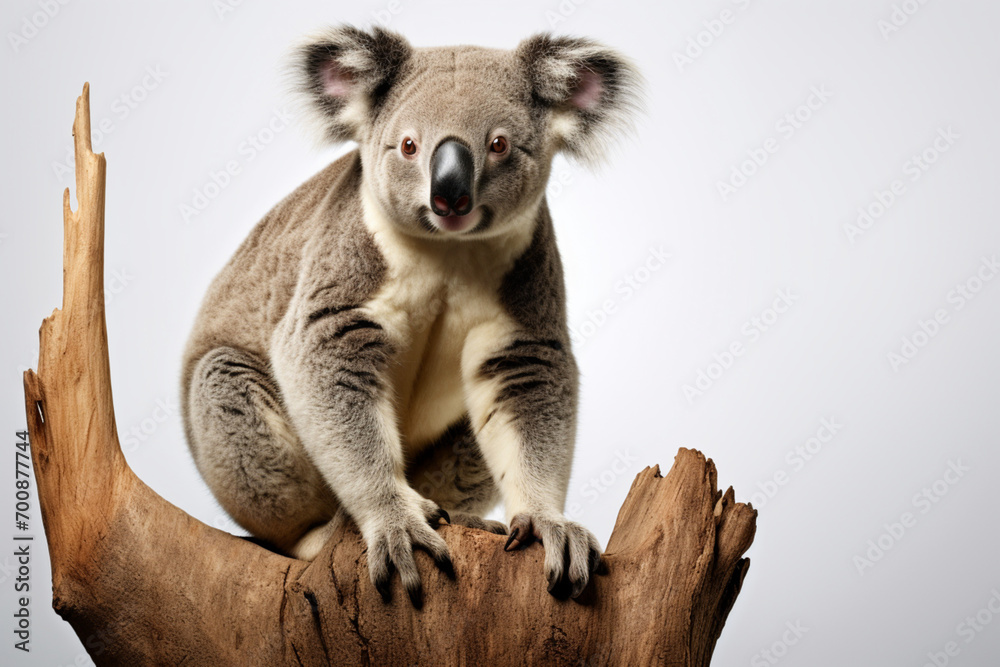 Fototapeta premium Koala perched on a tree branch on a white background. Animal front portrait.