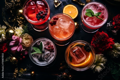 Festive holiday cocktail flatlay with glasses, garnishes, and a selection of colorful drinks