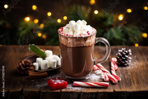 Festive hot chocolate with marshmallows and candy canes