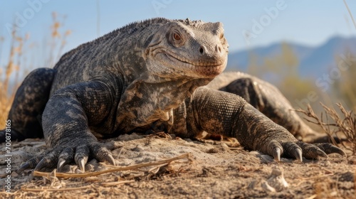 Majestic reptile perched on a barren landscape