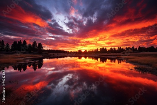 Stunning sunset reflecting on a serene lake with majestic trees in the backdrop