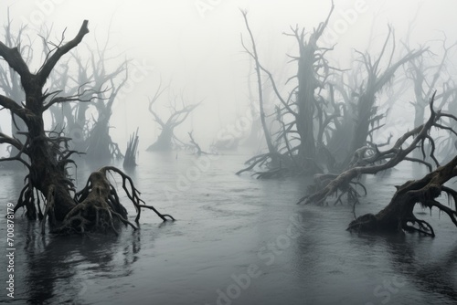 Foggy swamp with twisted trees on a white background. © KerXing