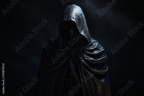 Hooded figure with cape standing in the shadows. photo