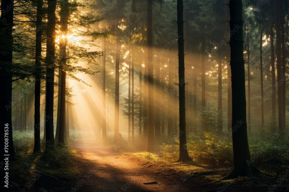 Fototapeta premium Misty forest clearing with sunbeams piercing through the mist