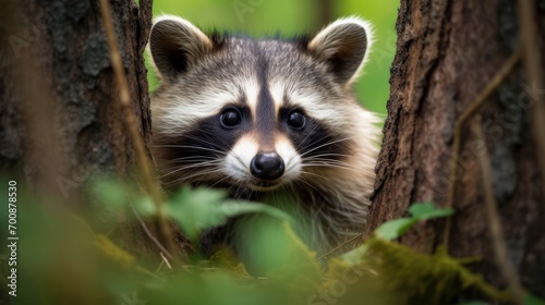 Curious raccoon hiding behind a tree trunk