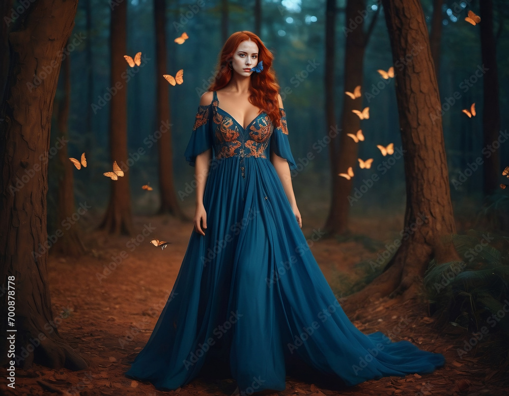 A beautiful woman in blue dress with embroidered details and voluminous breasts with red hair. A beautiful woman in blue dress with embroidered details and voluminous breasts with red hair.