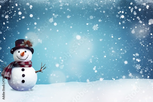 Playful snowflakes and a cheerful snowman on a snowy background © KerXing