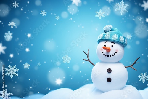 Playful snowman and snowflakes on a wintry blue background © KerXing