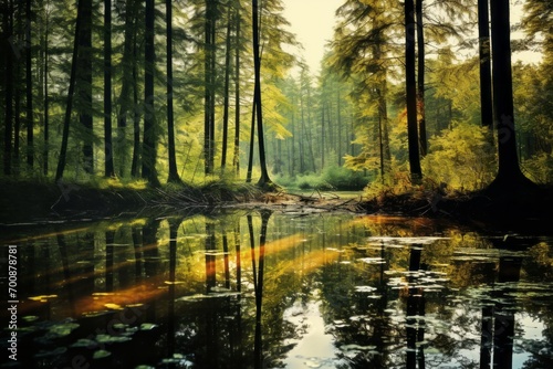 Reflection of trees in a calm forest pond