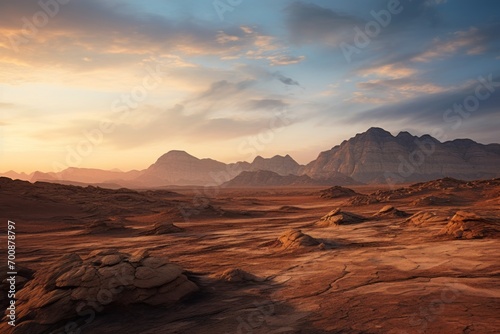 Rocky desert landscape illuminated by the soft light of dawn
