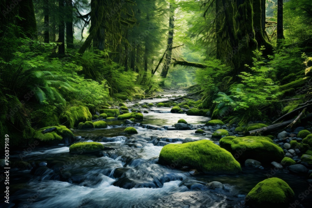 Softly flowing stream cutting through a lush forest Softly flowing stream cutting through a lush forest