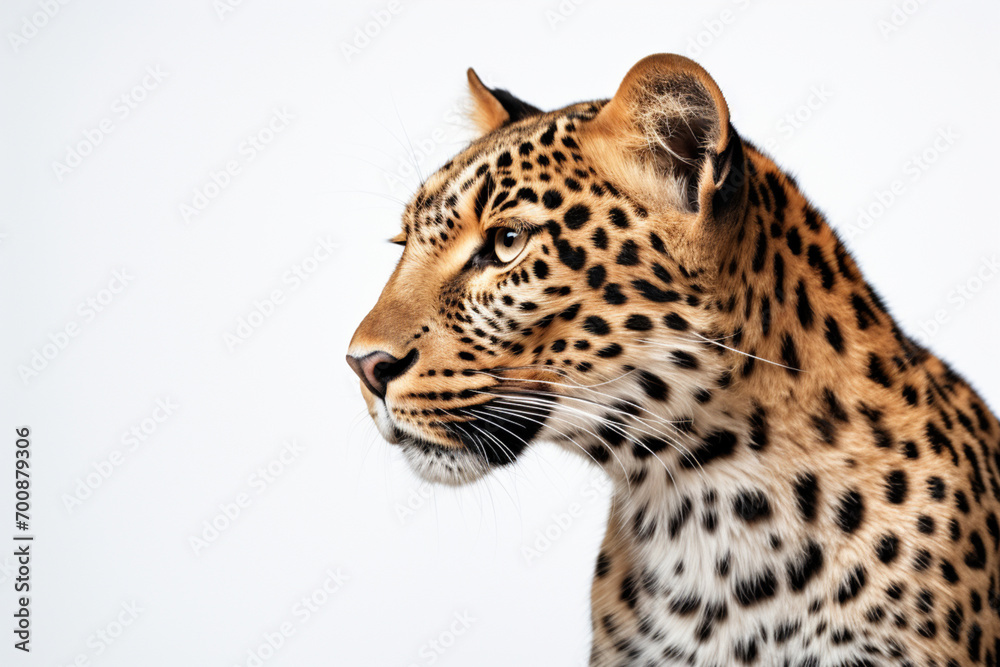 Obraz premium Leopard close-up portrait on a white background.