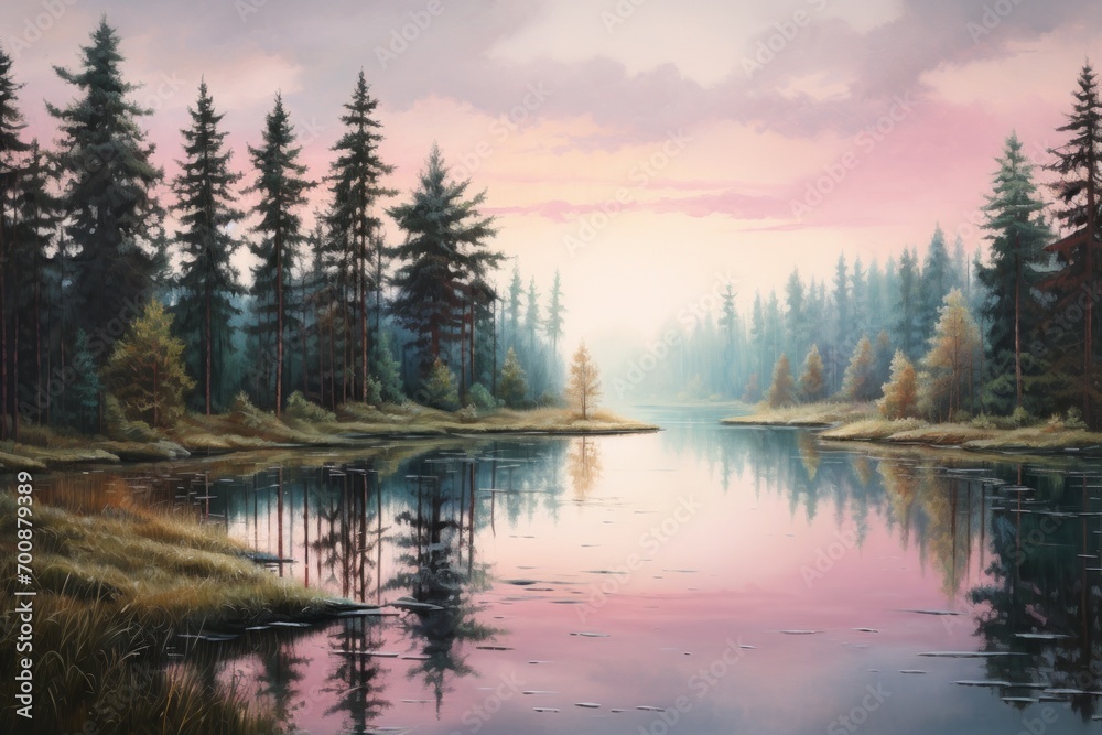 Painting of a lake surrounded by trees