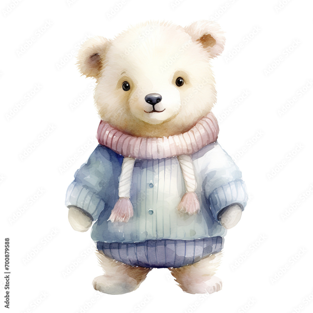 Polar Bear Wearing Winter Clothes For Christmas Event. Watercolor Style. AI Generated Polar Bear Wearing Winter Clothes For Christmas Event. Watercolor Style. AI Generated