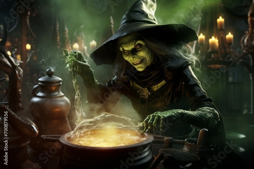 Wicked witch stirring a magical brew.