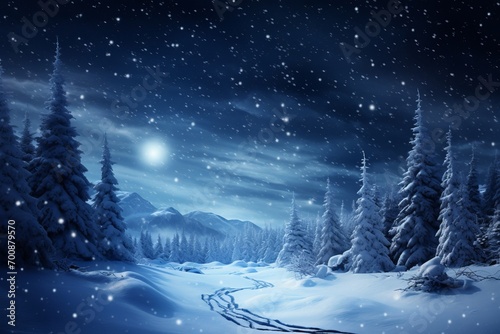 Winter wonderland scene with snow covered trees and a full moon © KerXing