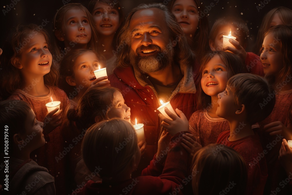 Enchanting Presents. Santa Descends, Spreading Joy to Children on a Starlit Night