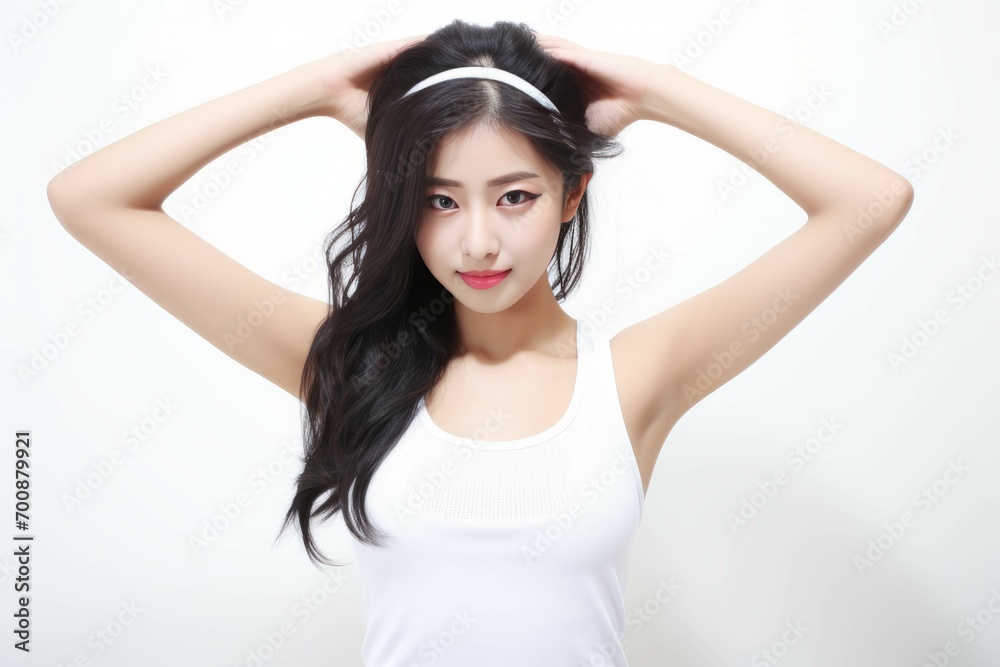 Portrait of beautiful Asian girl wearing white crop top modeling concept Portrait of beautiful Asian girl wearing white crop top modeling concept