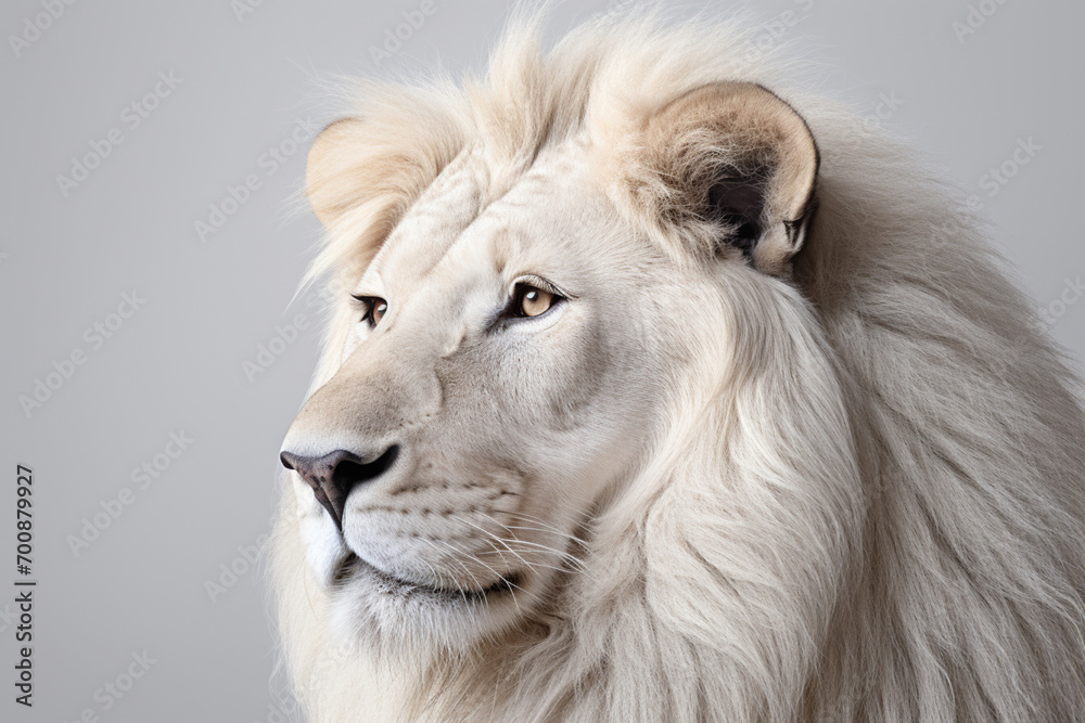 White Lion close-up portrait on a white background.