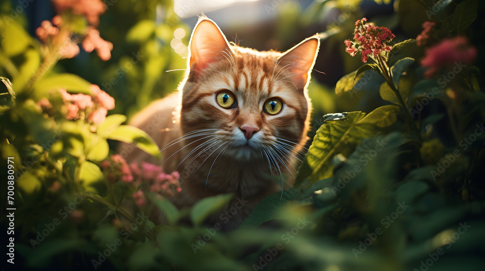 Beautiful cat exploring summer garden, close up Beautiful cat exploring summer garden, close up