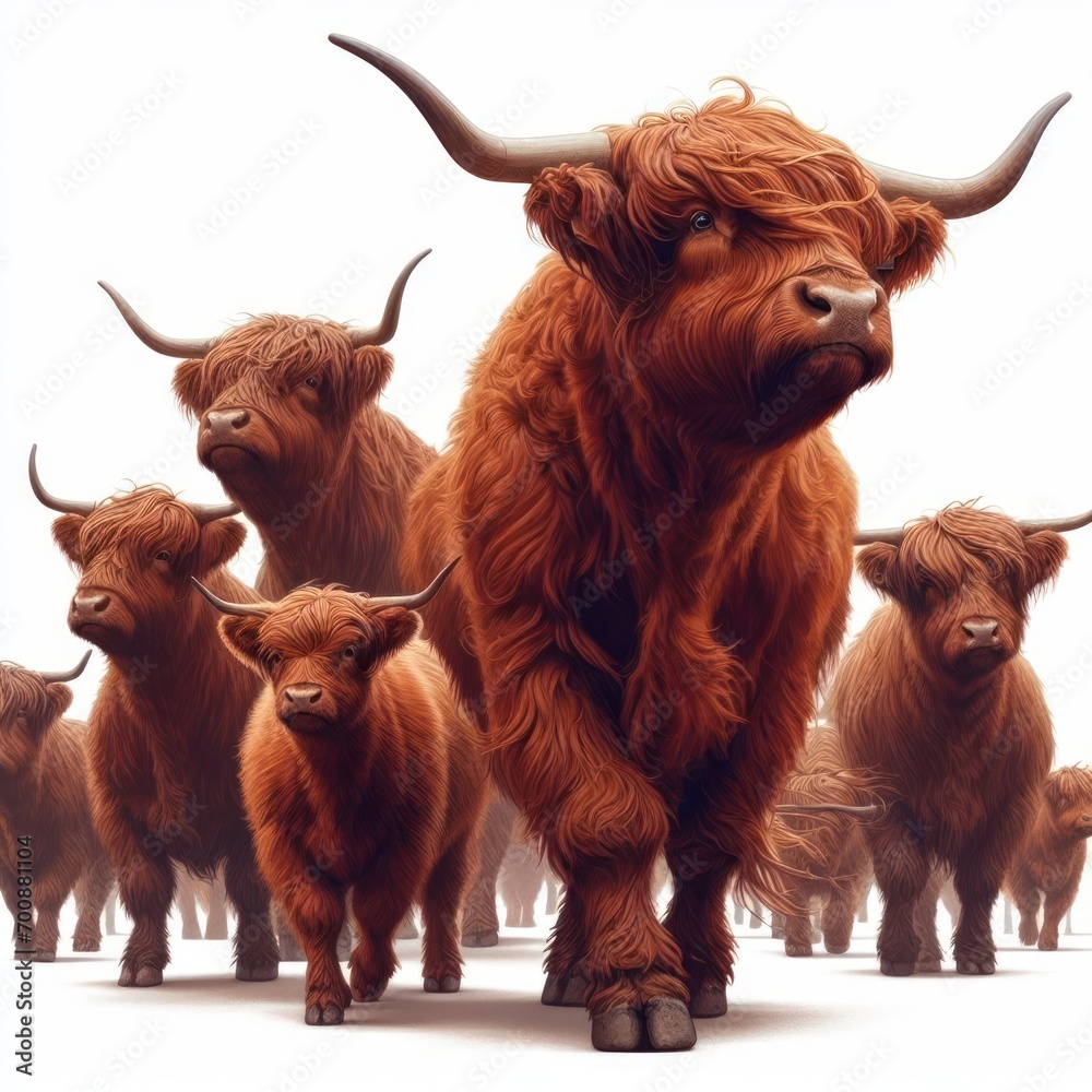 Crowd of red-brown highlander on a white background Crowd of red-brown highlander on a white background