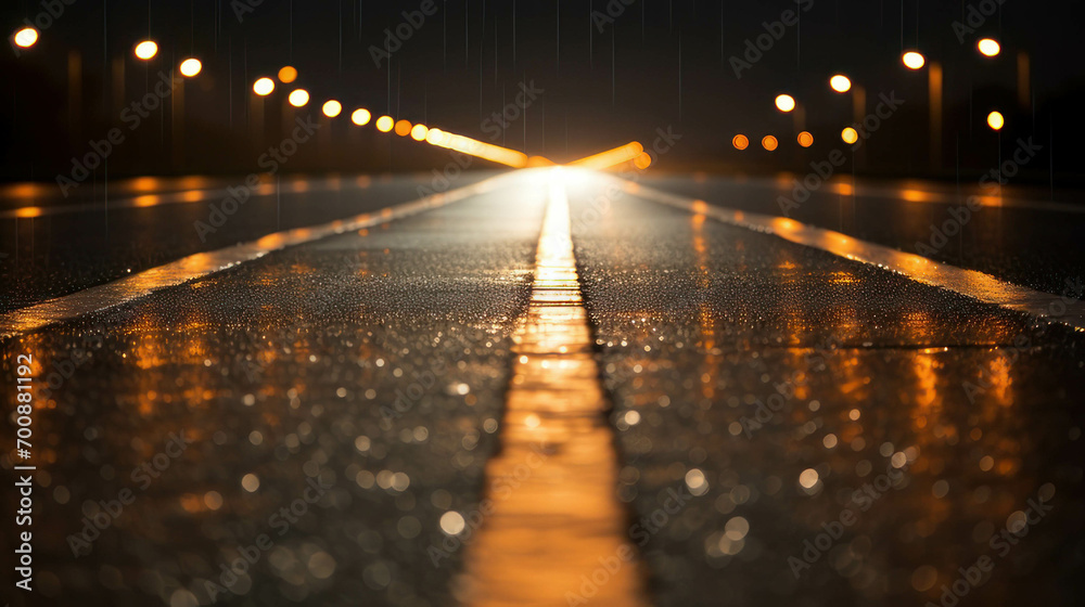 Empty road, a highway at night with yellow lights in the background, reflective road lights
