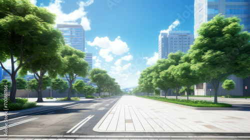 An empty concrete street with city buildings and adorned with trees