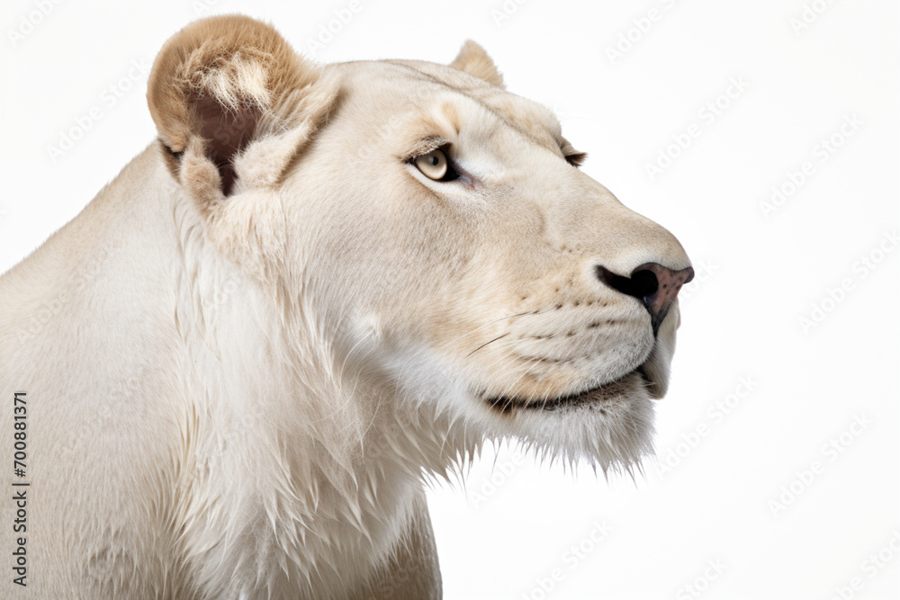 Obraz premium White lioness close-up portrait on a white background.