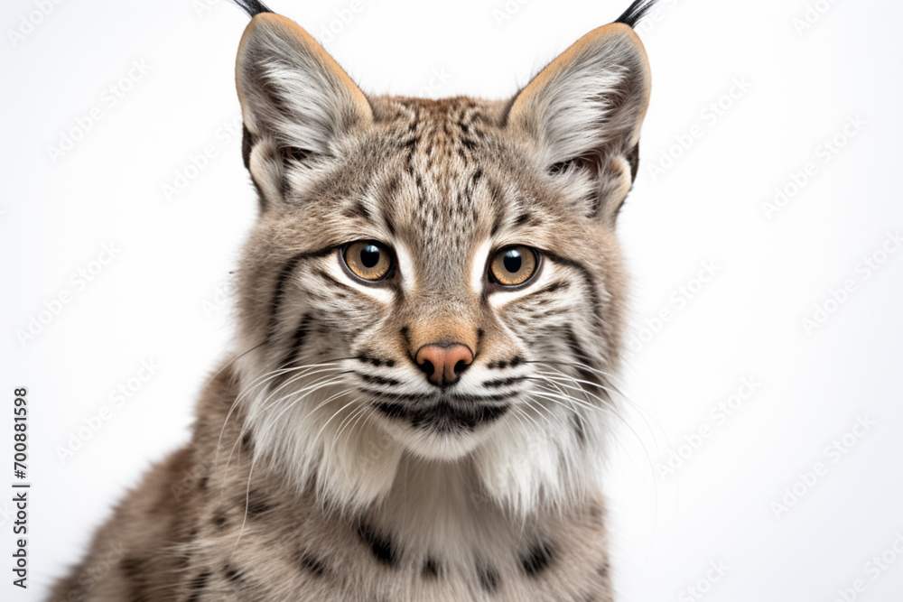 Naklejka premium Bobcat close-up portrait on a white background.