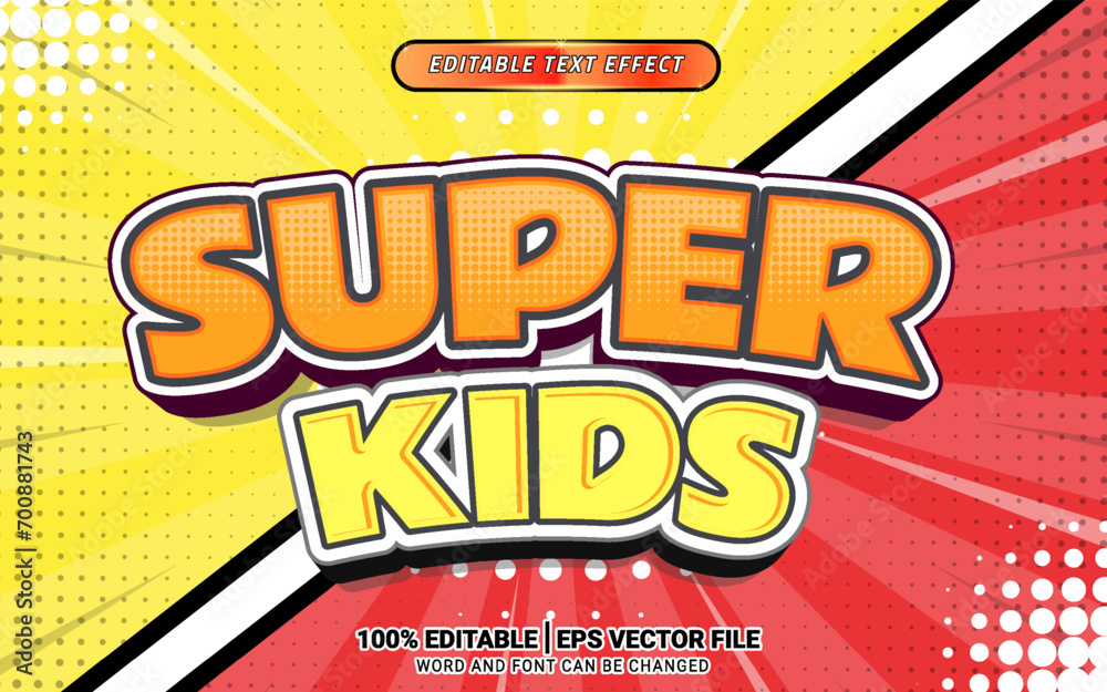 Super kids retro comic cartoon style 3d vector text effect  template design