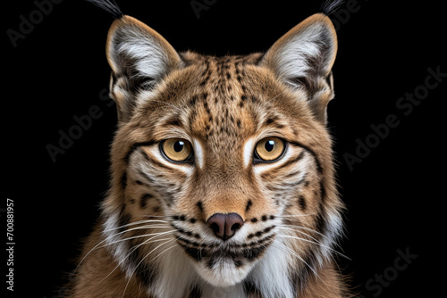 Eurasian lynx close-up portrait. Adorable big cat studio photography.