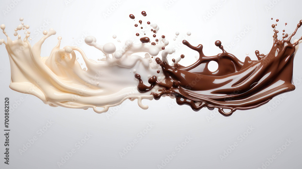 Chocolate and milk splash wave splash on a white background isolated. Vector brown chocolate swirl streams, complete with liquid splashing and droplets Chocolate and milk splash wave splash on a white background isolated. Vector brown chocolate swirl streams, complete with liquid splashing and droplets
