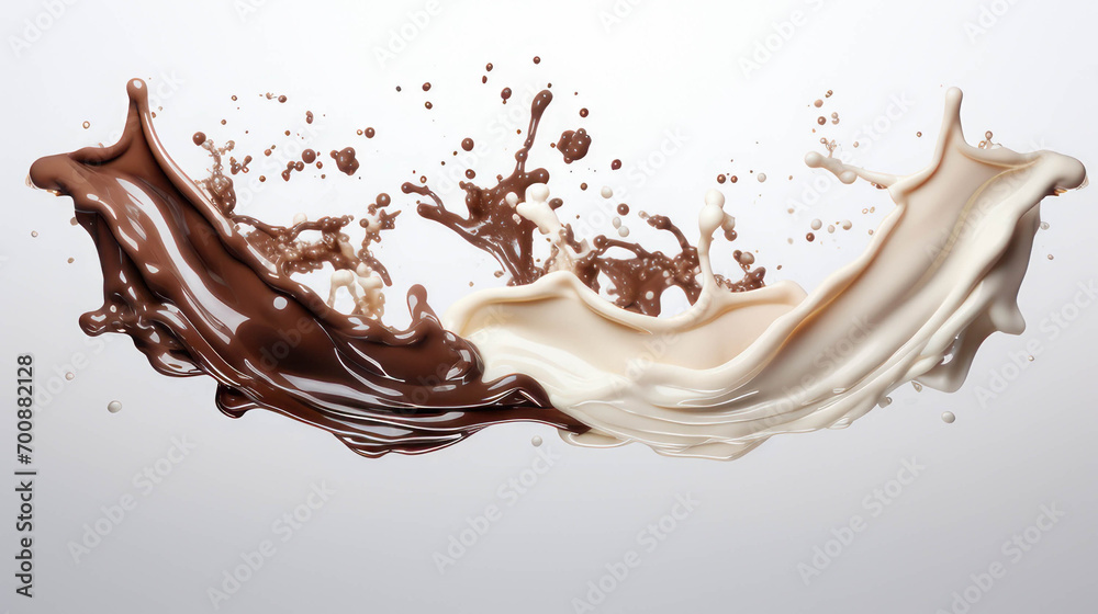 Chocolate and milk splash wave splash on a white background isolated. Vector brown chocolate swirl streams, complete with liquid splashing and droplets Chocolate and milk splash wave splash on a white background isolated. Vector brown chocolate swirl streams, complete with liquid splashing and droplets