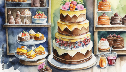 Cake, fruit, flowers, decorations, close-up; watercolor