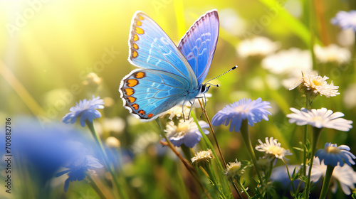 Spring's Dance: Butterfly on a Blooming Flower, Generative AI illustration