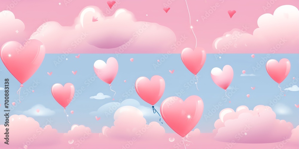Pink background, hearts,clouds, balloons, roses