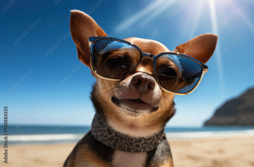 The Chihuahua is wearing sunglasses and standing on the sand with a blue ocean in a summer vacation holiday background The Chihuahua is wearing sunglasses and standing on the sand with a blue ocean in a summer vacation holiday background