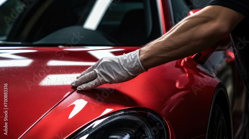 Car wash, a worker's hand meticulously cleans a red car, ensuring a thorough pristine shine. Workers check the car's condition or car detail © Katewaree