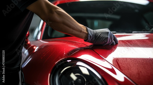 Car wash, a worker's hand meticulously cleans a red car, ensuring a thorough pristine shine. Workers check the car's condition or car detail