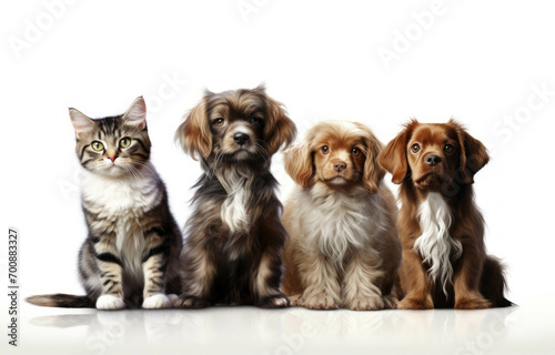 Portrait pets of dogs and cats looking at the camera standing on an isolated white background.