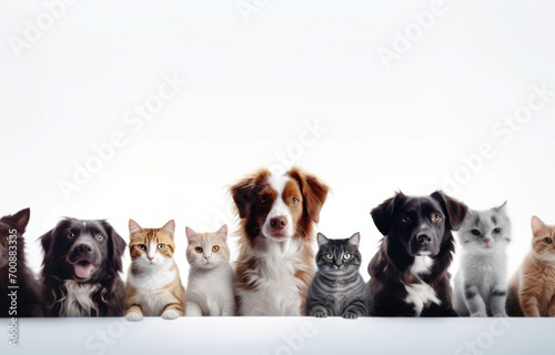 Portrait pets of dogs and cats looking at the camera standing on an isolated white background.