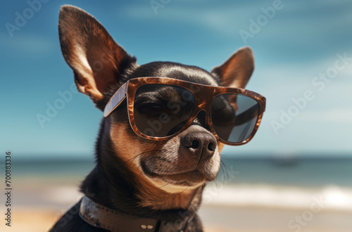The Chihuahua is wearing sunglasses and standing on the sand with a blue ocean in a summer vacation holiday background © Katewaree